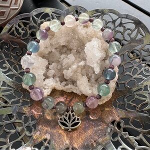 Handmade Fluorite Bracelet with Lotus Flow Charm